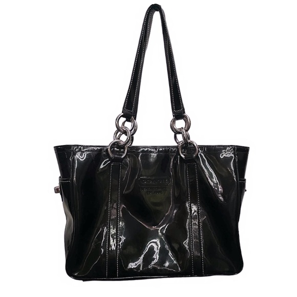 Vintage Coach Patent Leather Tote Bag Medium Sized With Silver Ring Hardware - Picture 1 of 5
